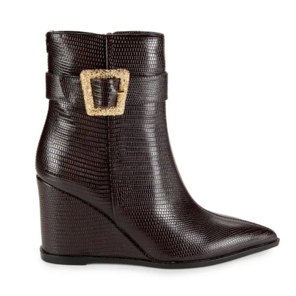 Sam Edelman Weslie 2 Embossed Buckle Wedge Ankle Boots | Womens Sz 6.5 Brown NEW